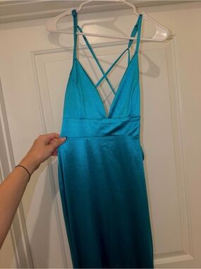 Windsor Teal Satin V-Neck Crisscross Back Prom Dress
